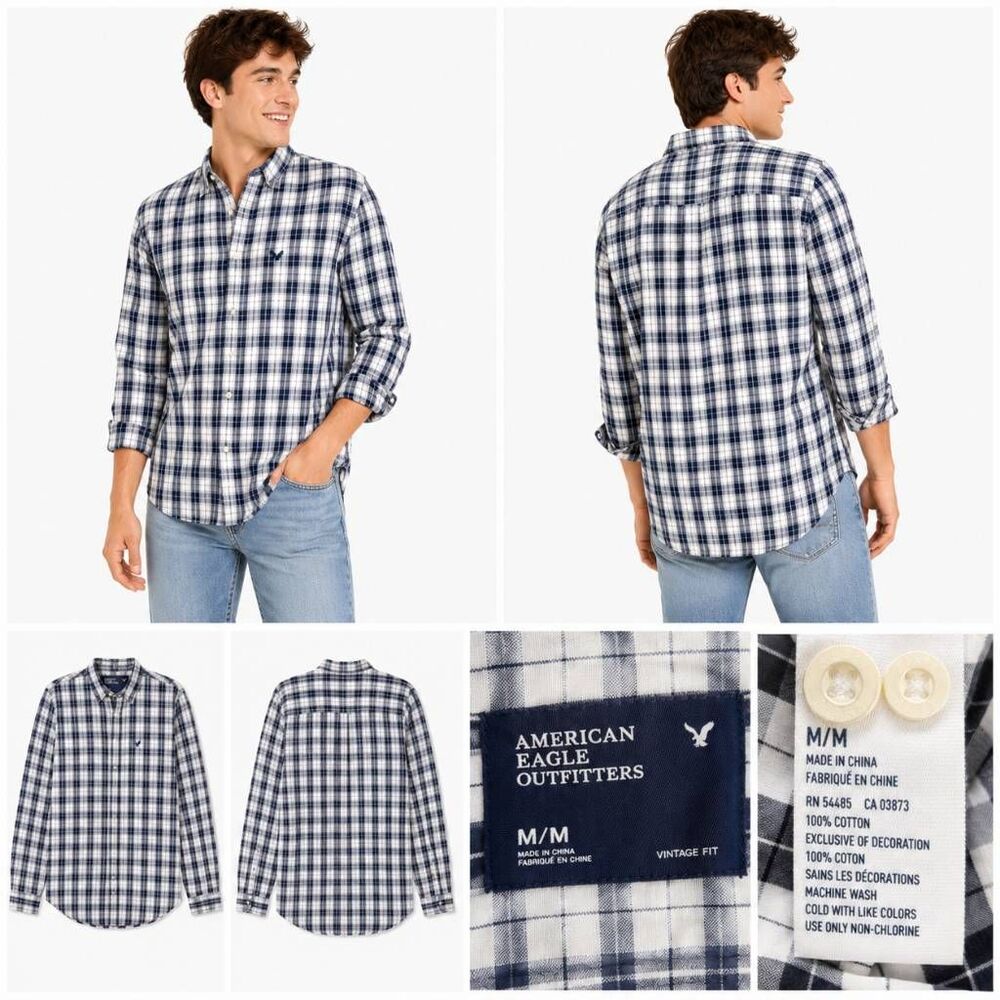 American Eagle Plaid Button Up Shirt Men’s Medium Vintage Fit